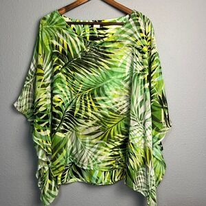 Cocomo Woman Green Tropical Palm Leaf Print Poncho Top 1X Sheer Lightweight